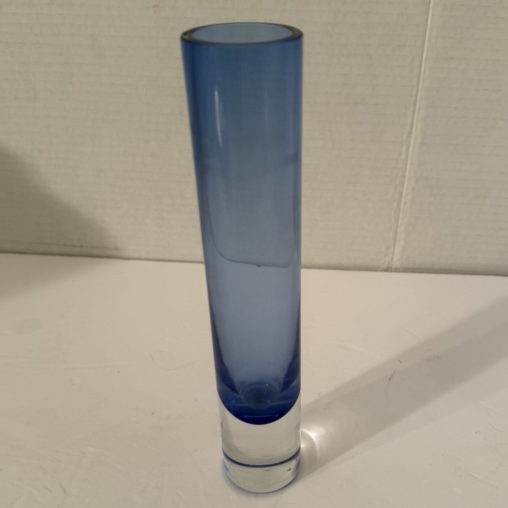 Vtg Krosno Holmegaard Style Hand Blown Smokey Cobalt Blue Cylinder Bud Vase-Chip